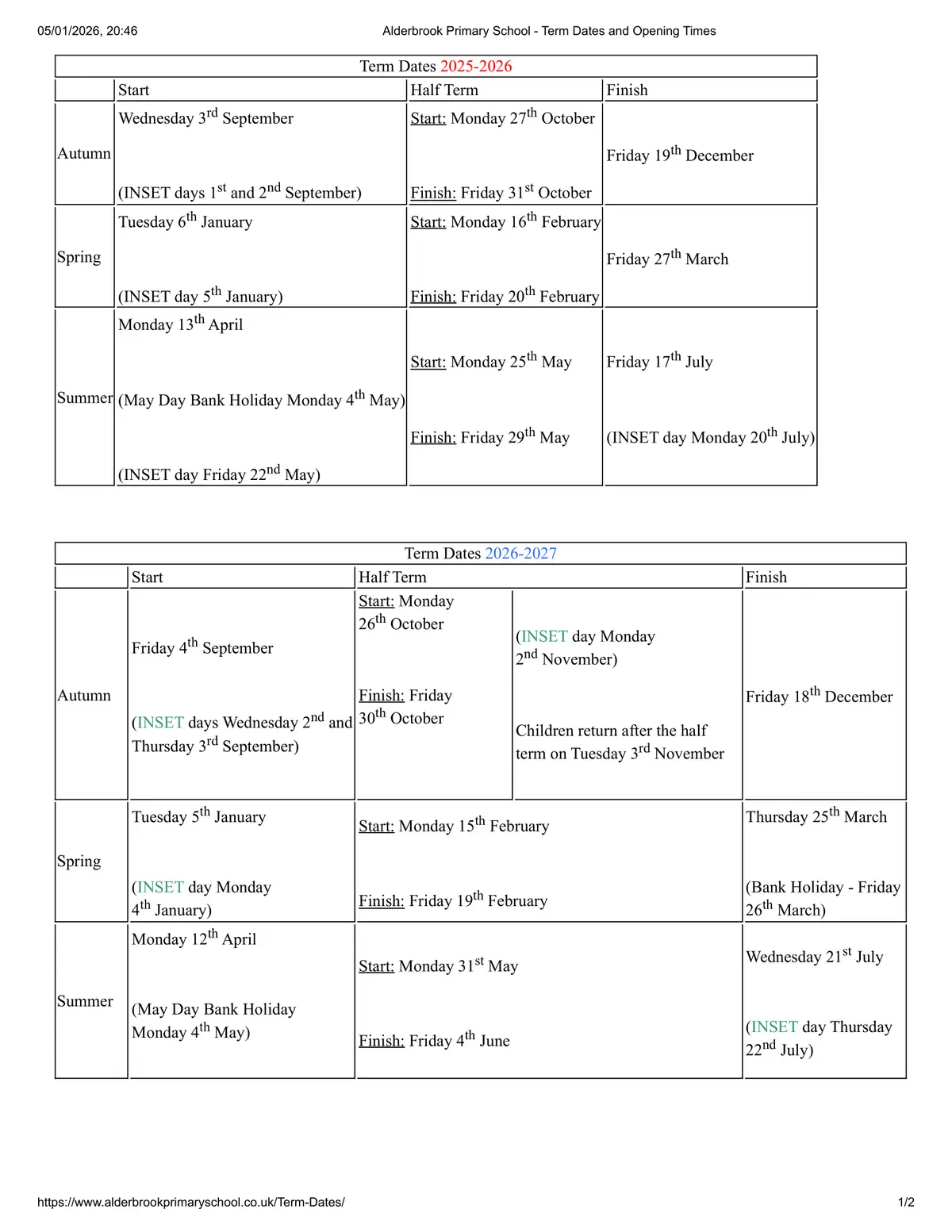 Alderbrook Primary School term dates