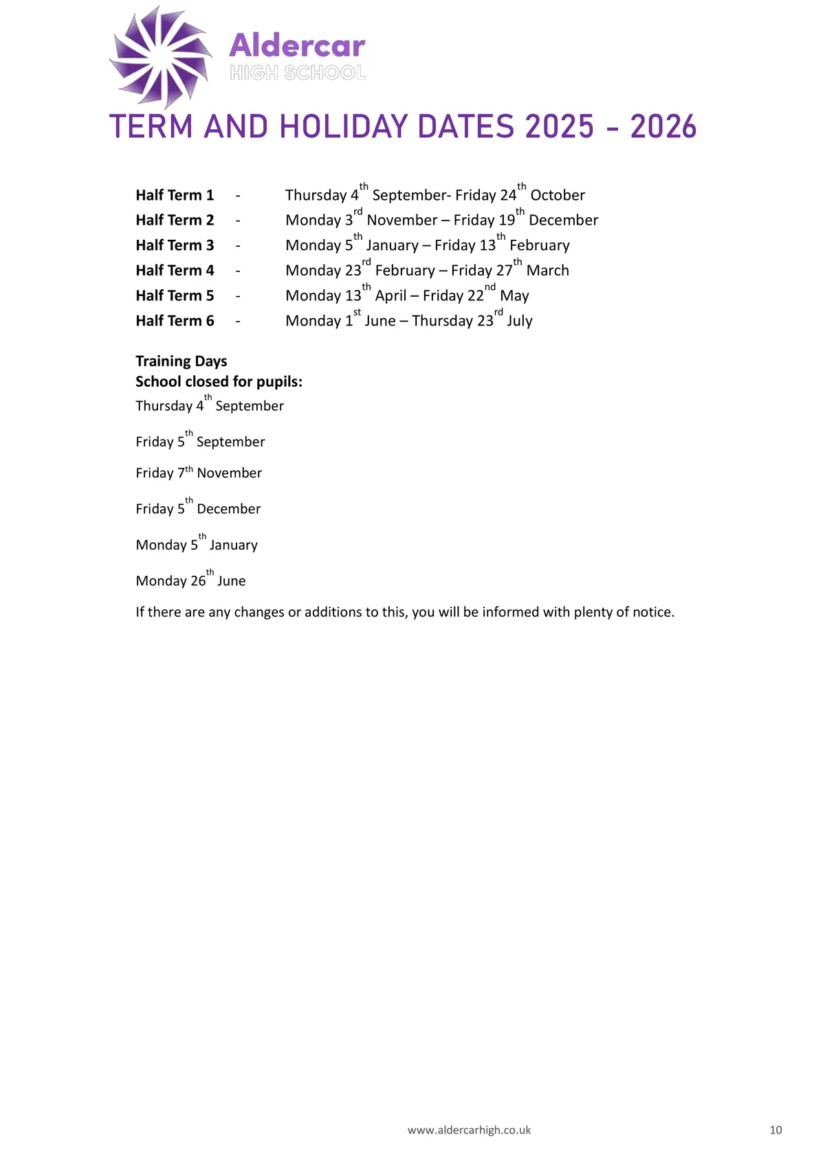 Aldercar High School term dates