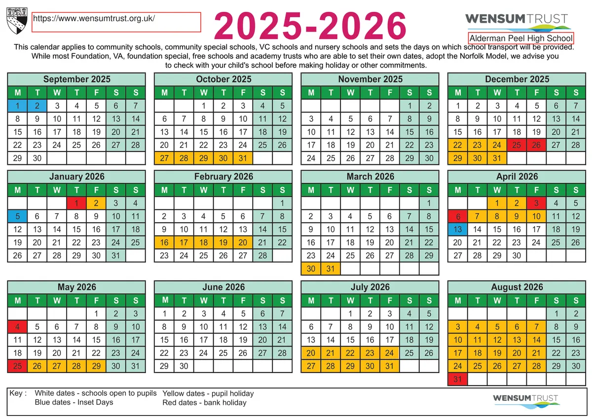 Alderman Peel High School term dates