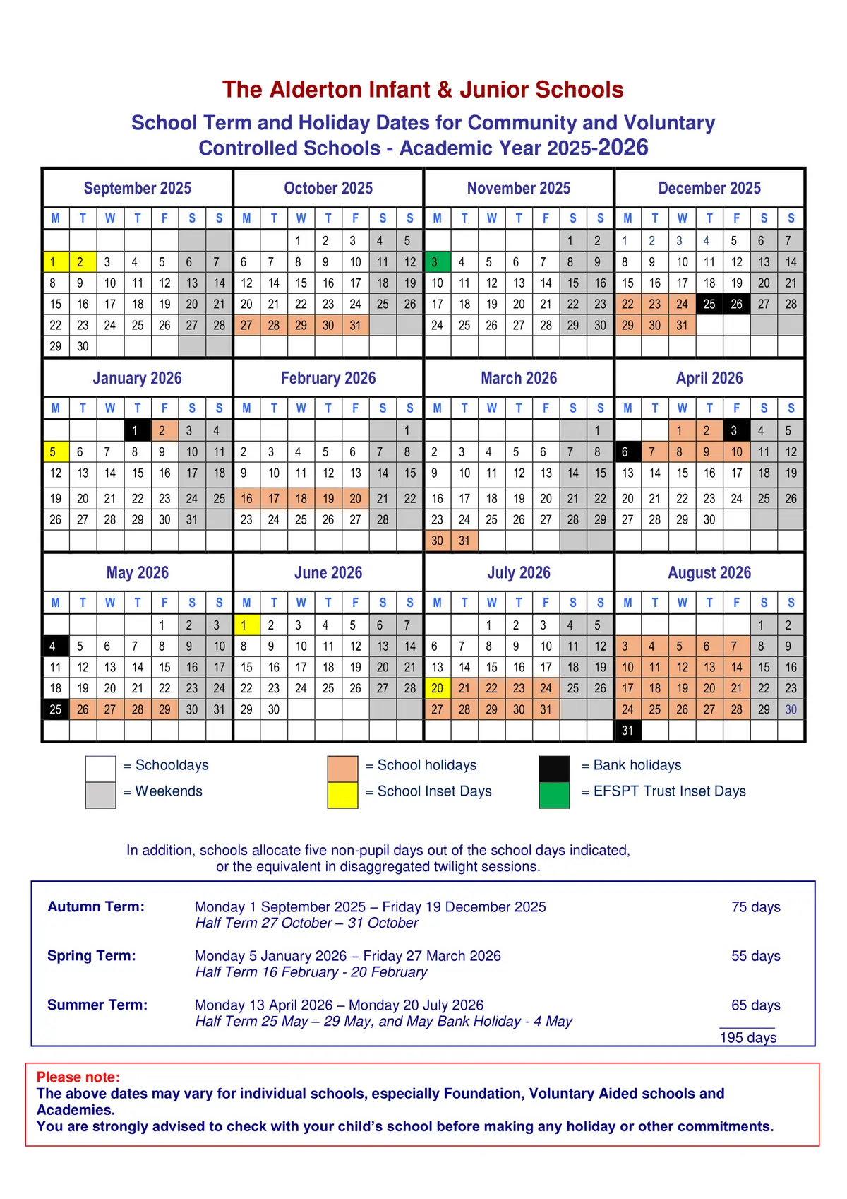 The Alderton Infant School and Nursery term dates