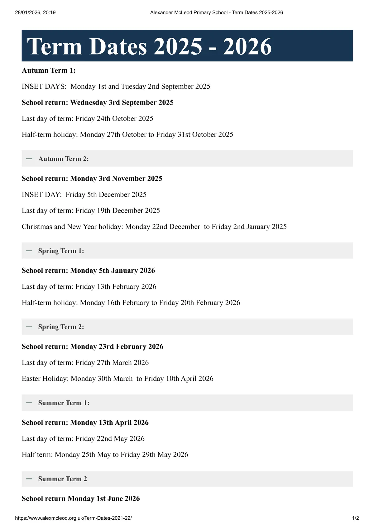 Alexander McLeod Primary School term dates