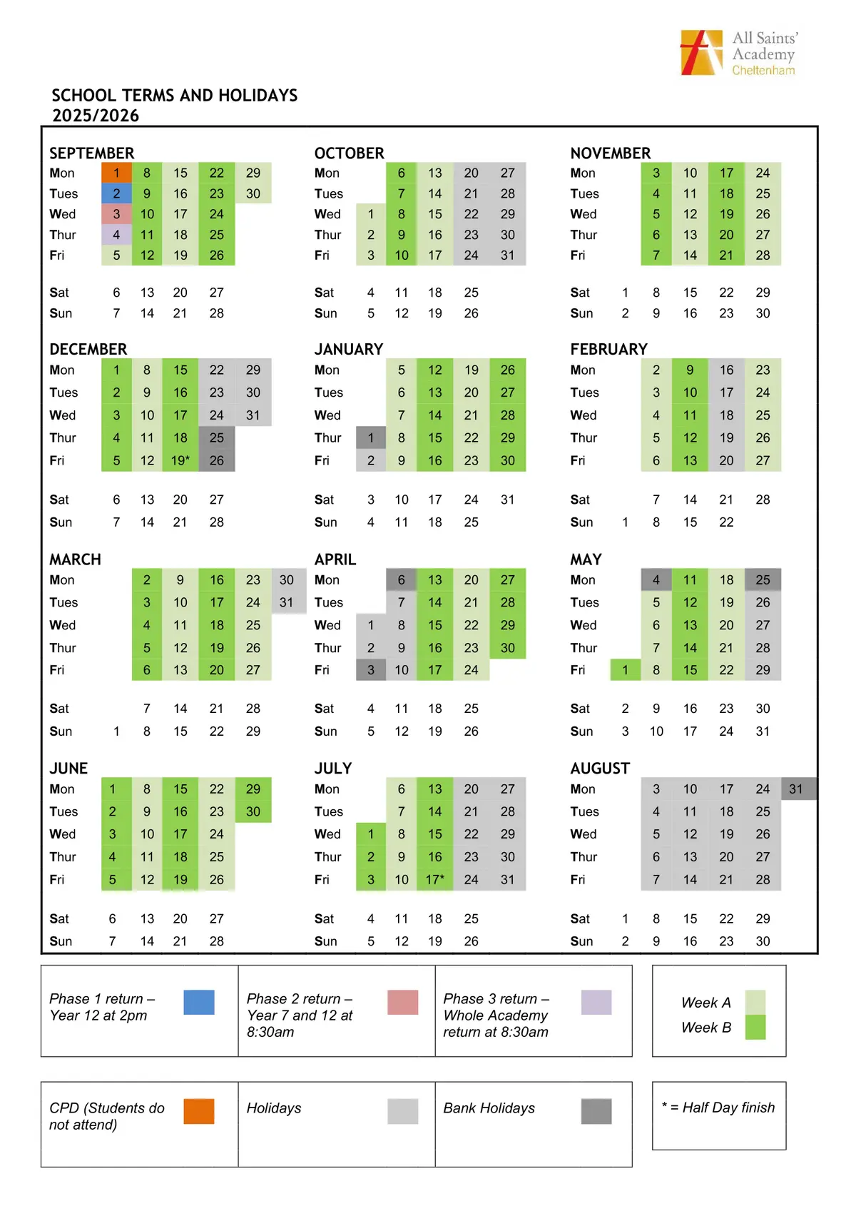 All Saints' Academy, Cheltenham term dates
