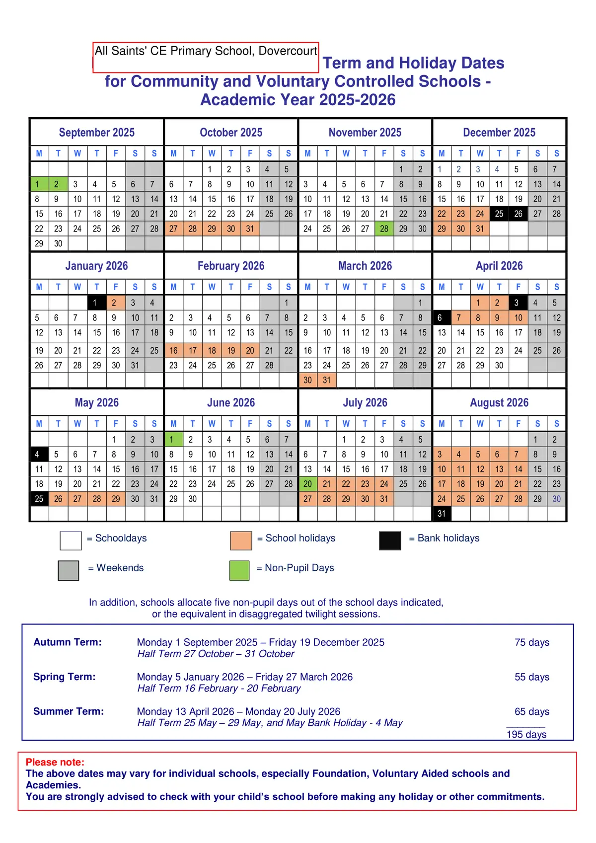 All Saints C of E Primary School term dates