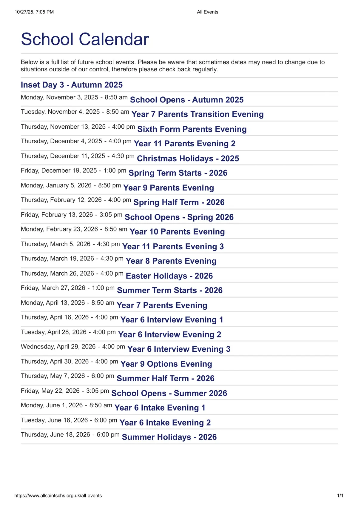 All Saints Catholic High School term dates