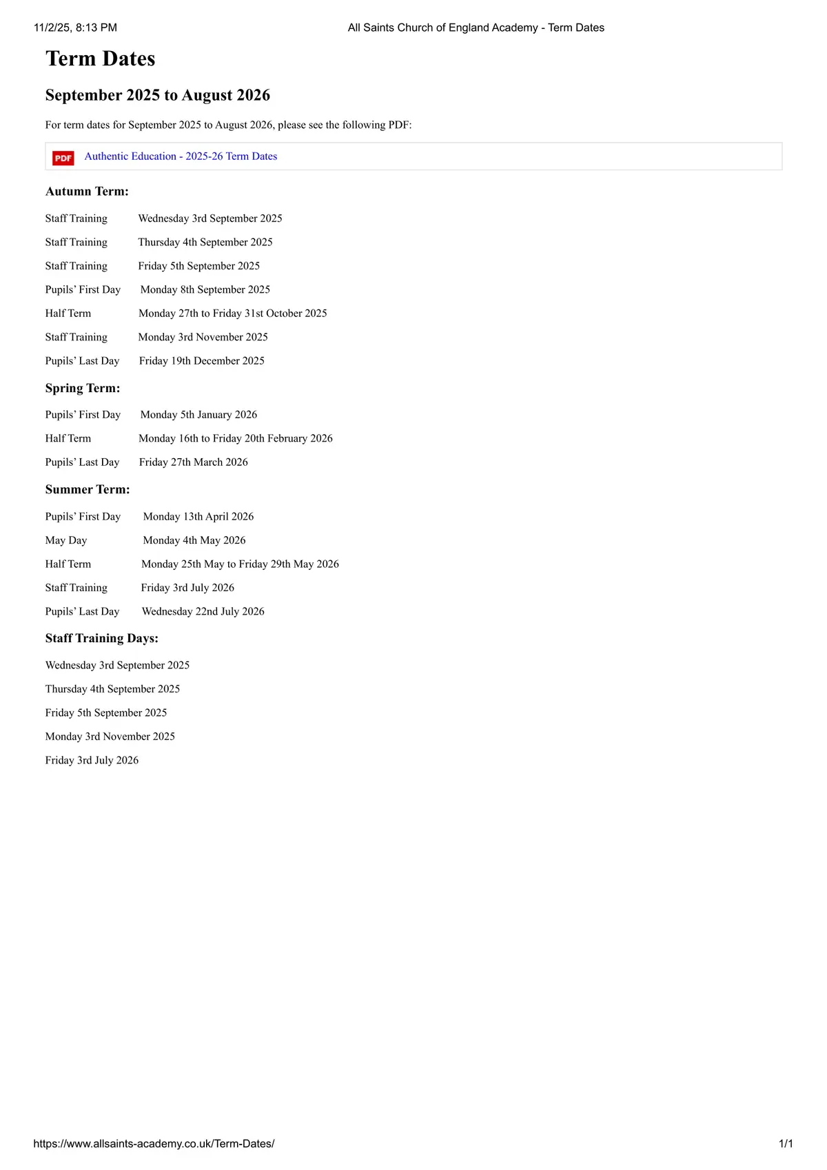 All Saints Church of England Academy term dates