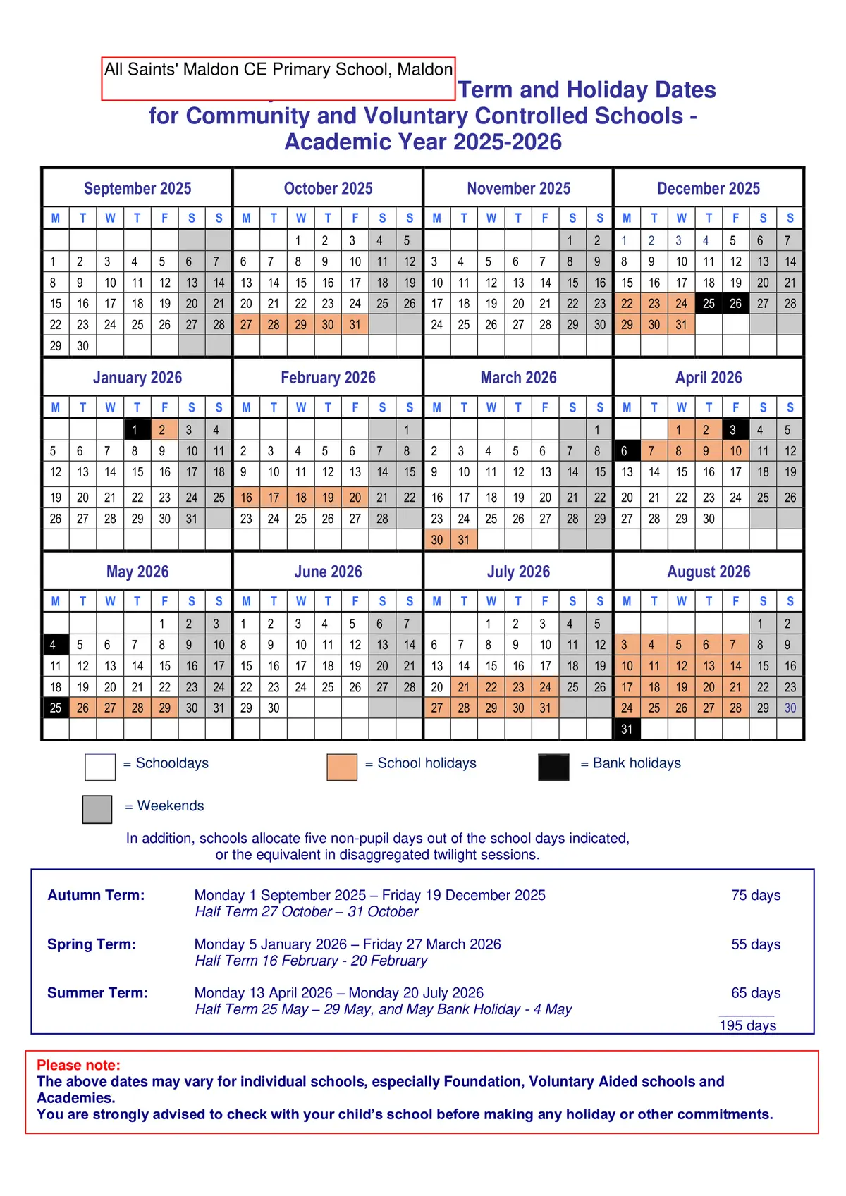 All Saints Maldon Church of England Voluntary Controlled Primary School term dates