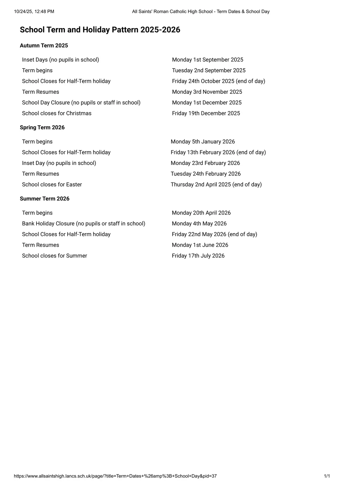 All Saints' Roman Catholic High School, a Voluntary Academy term dates