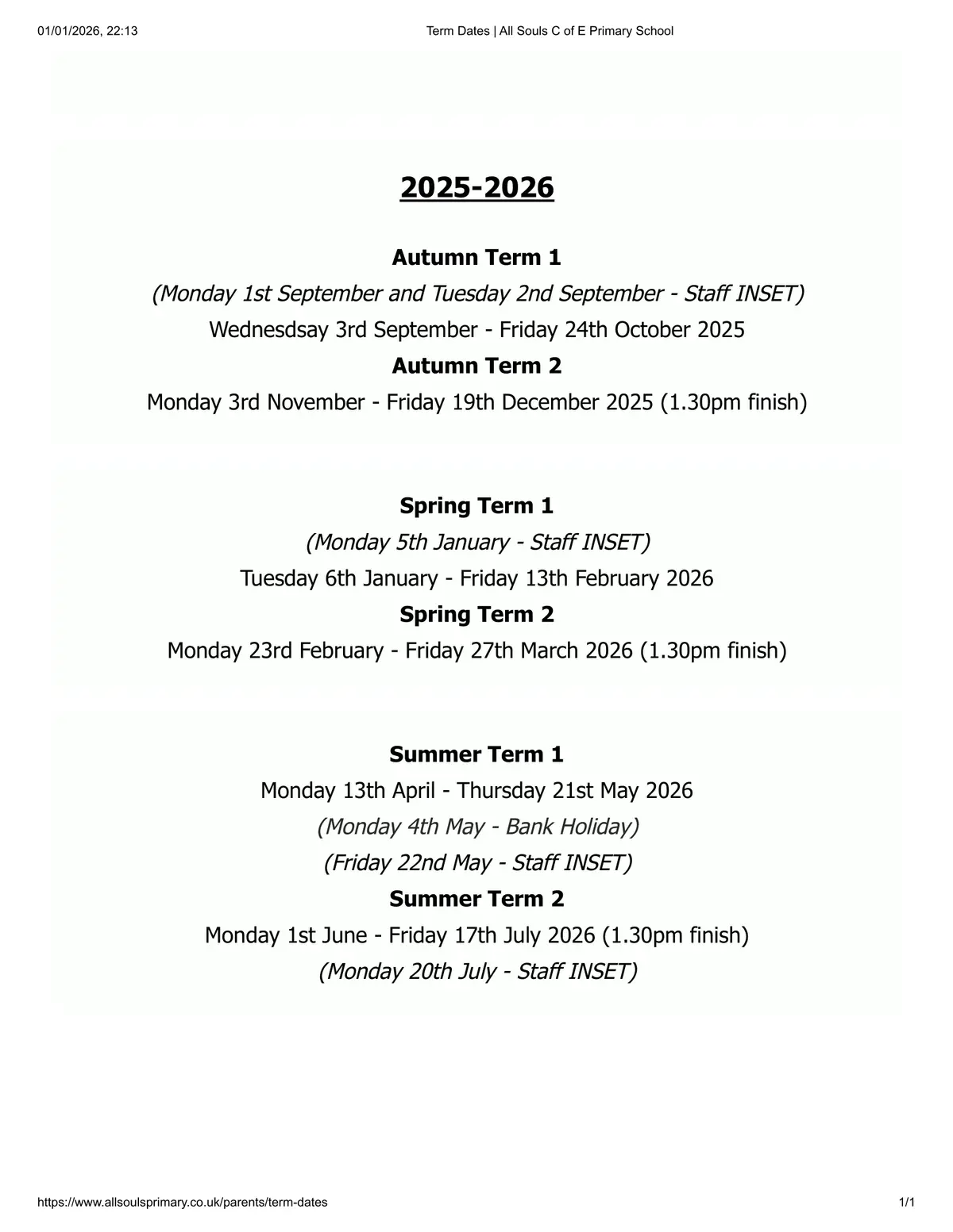 All Souls Church of England Primary School term dates
