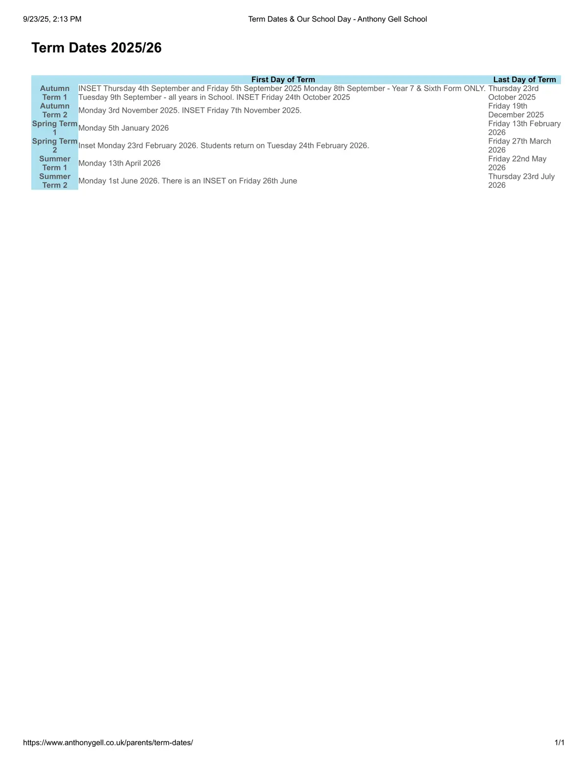 Anthony Gell School term dates