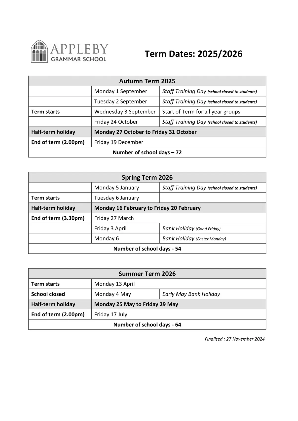 Appleby Grammar School term dates