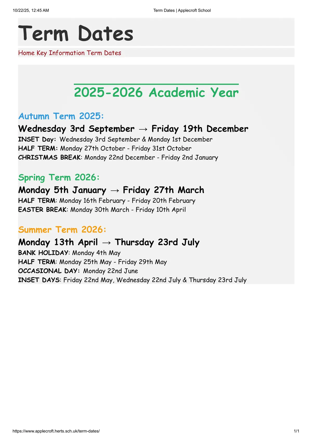 Applecroft School term dates