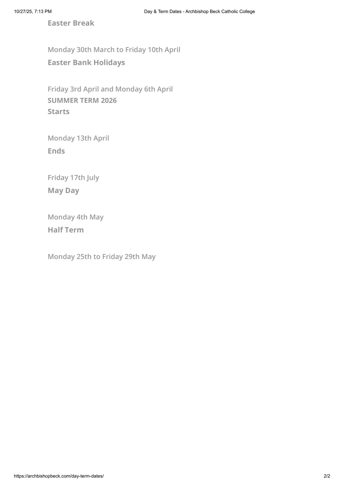 Archbishop Beck Catholic College term dates