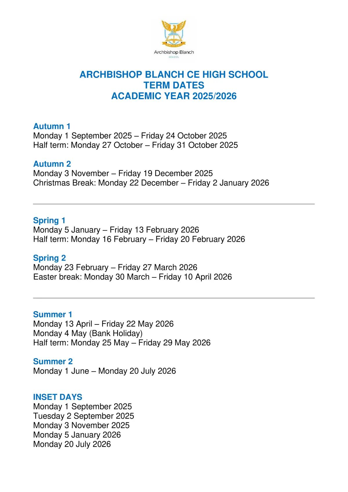 Archbishop Blanch CofE High School term dates
