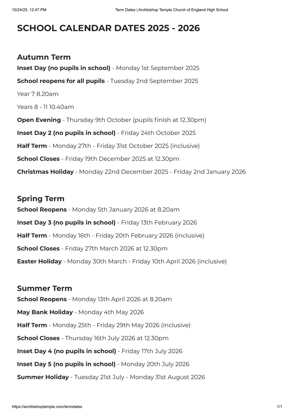 Archbishop Temple Church of England High School term dates