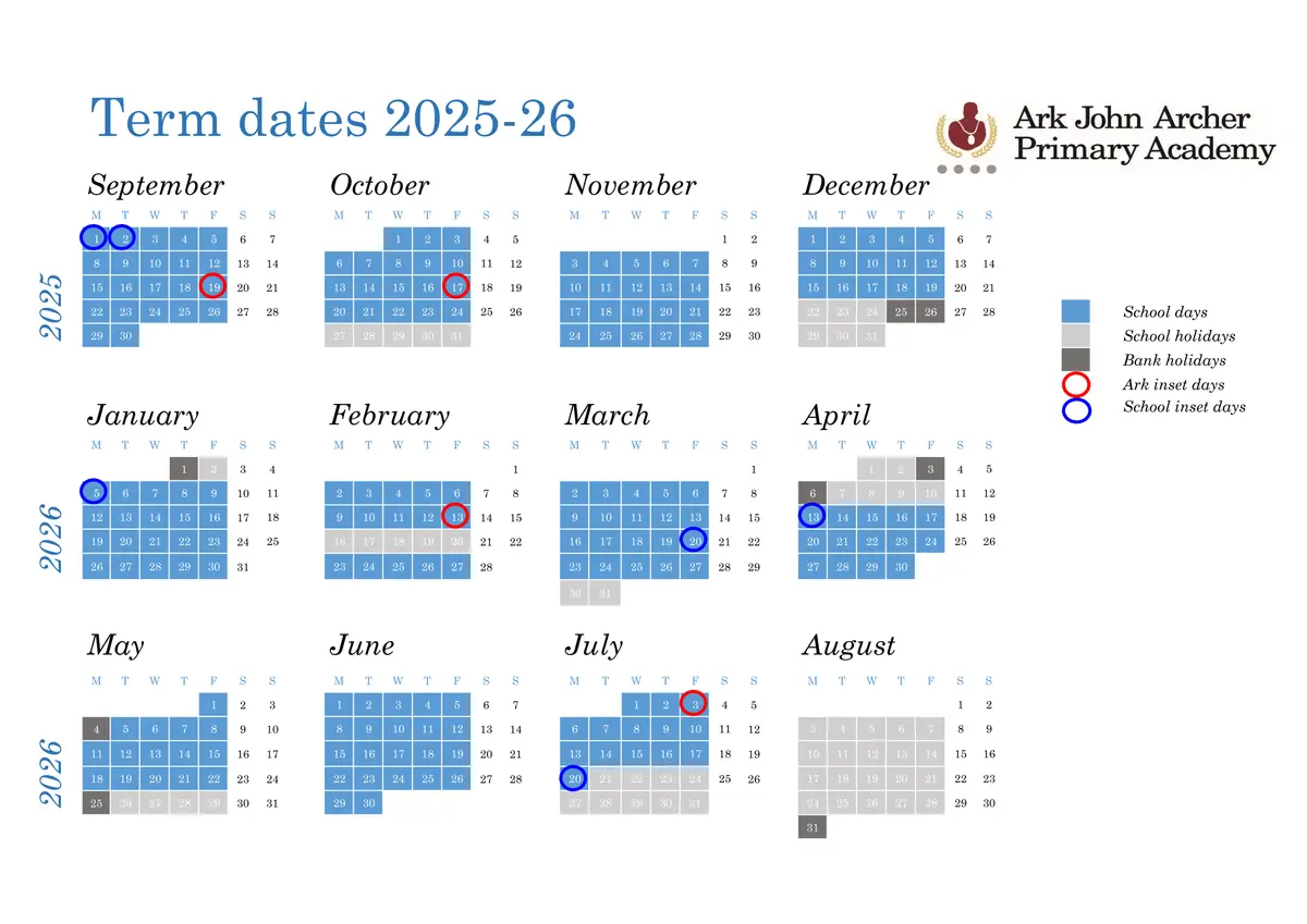 ARK John Archer Primary Academy term dates