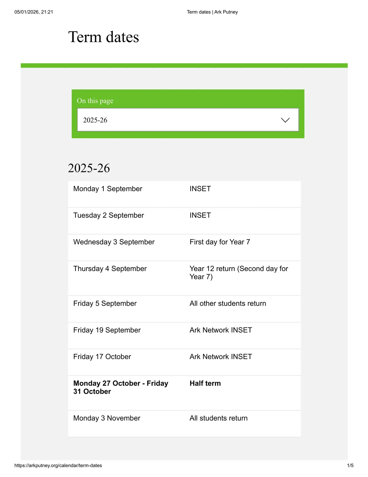 Ark Putney Academy term dates