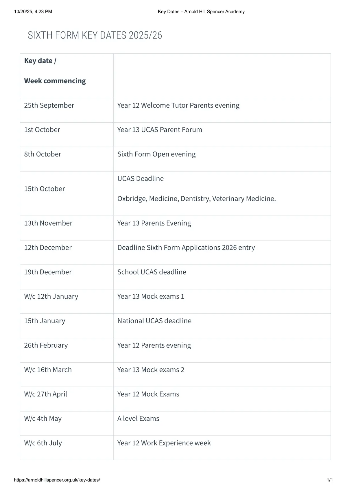 Arnold Hill Spencer Academy term dates