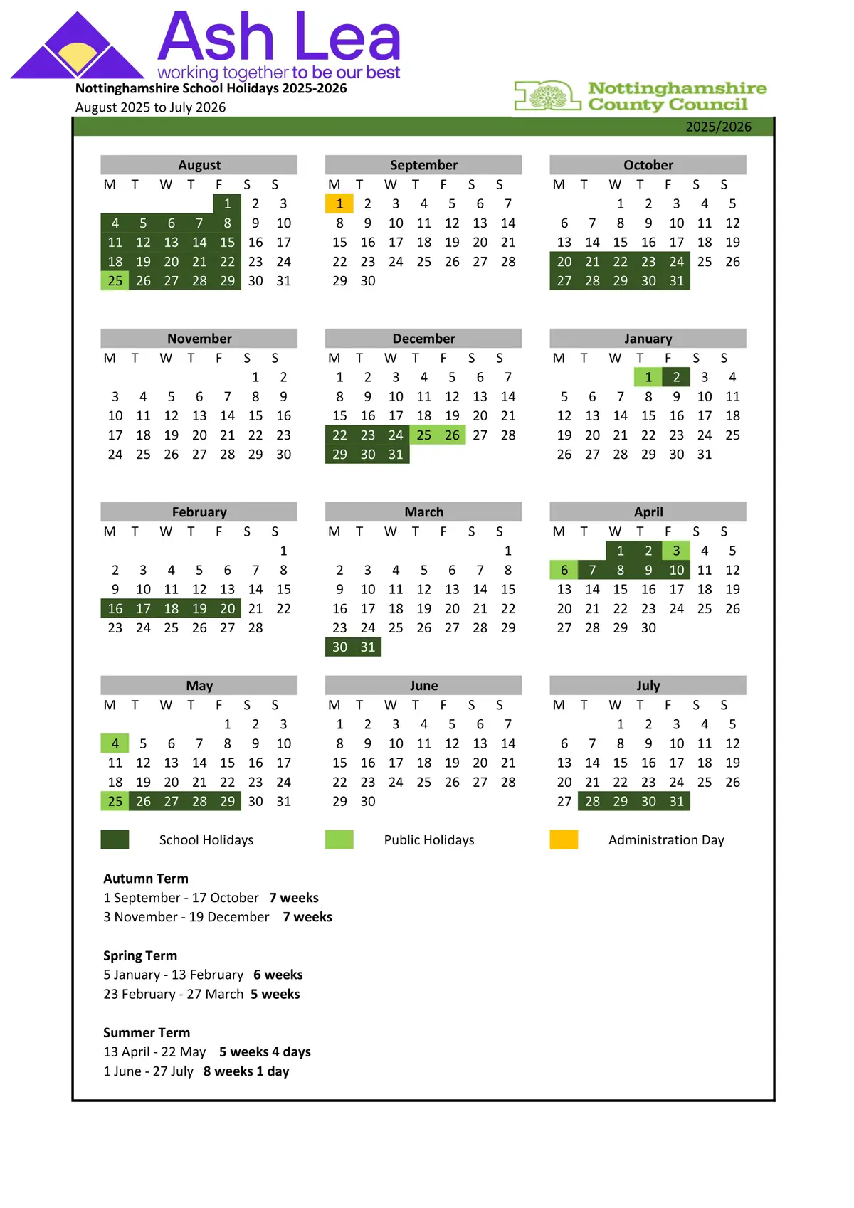 Ash Lea School term dates