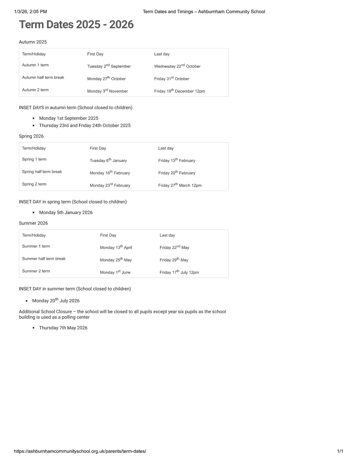 Ashburnham Community School term dates