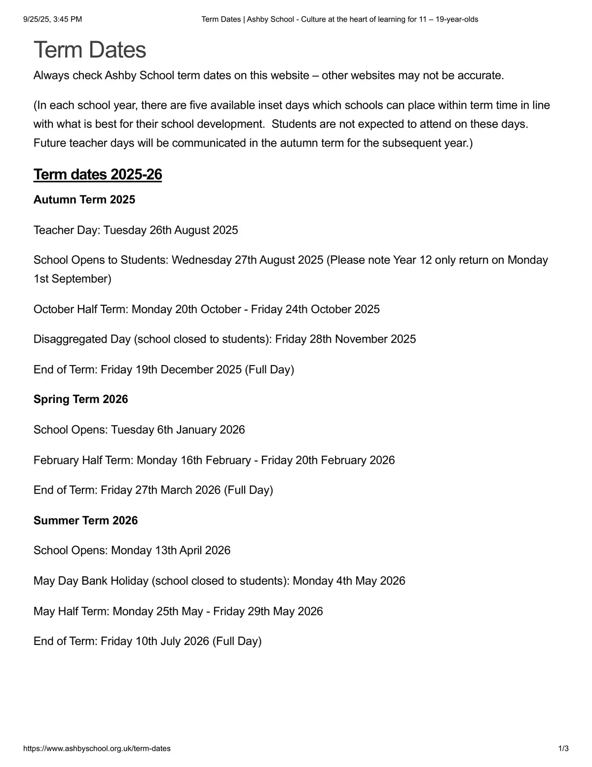 Ashby School term dates