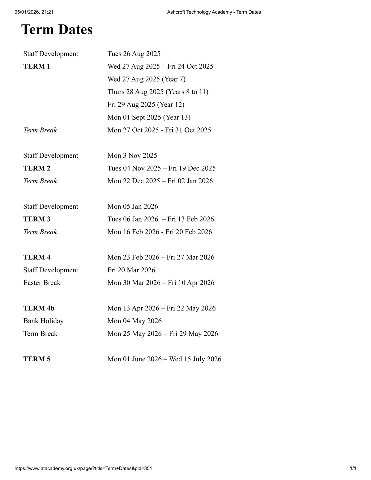 Ashcroft Technology Academy term dates