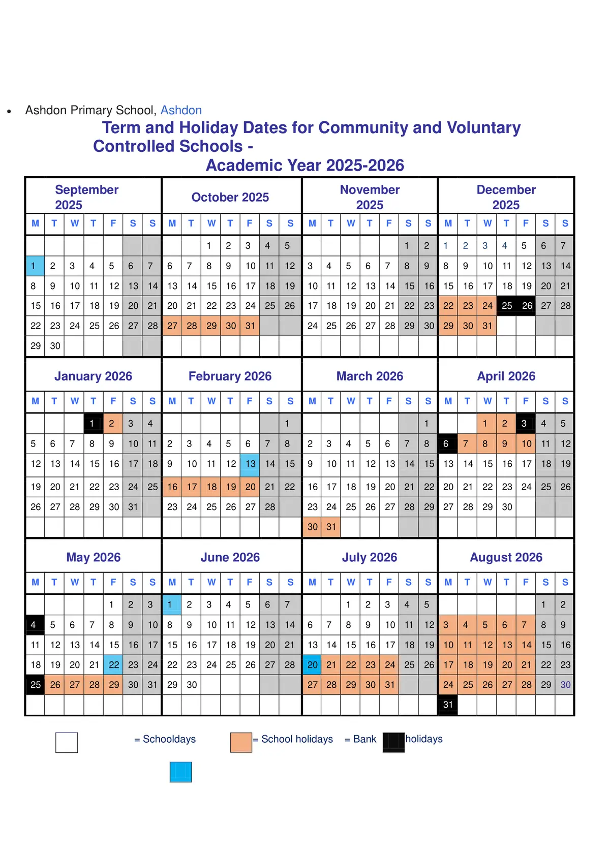 Ashdon Primary School term dates