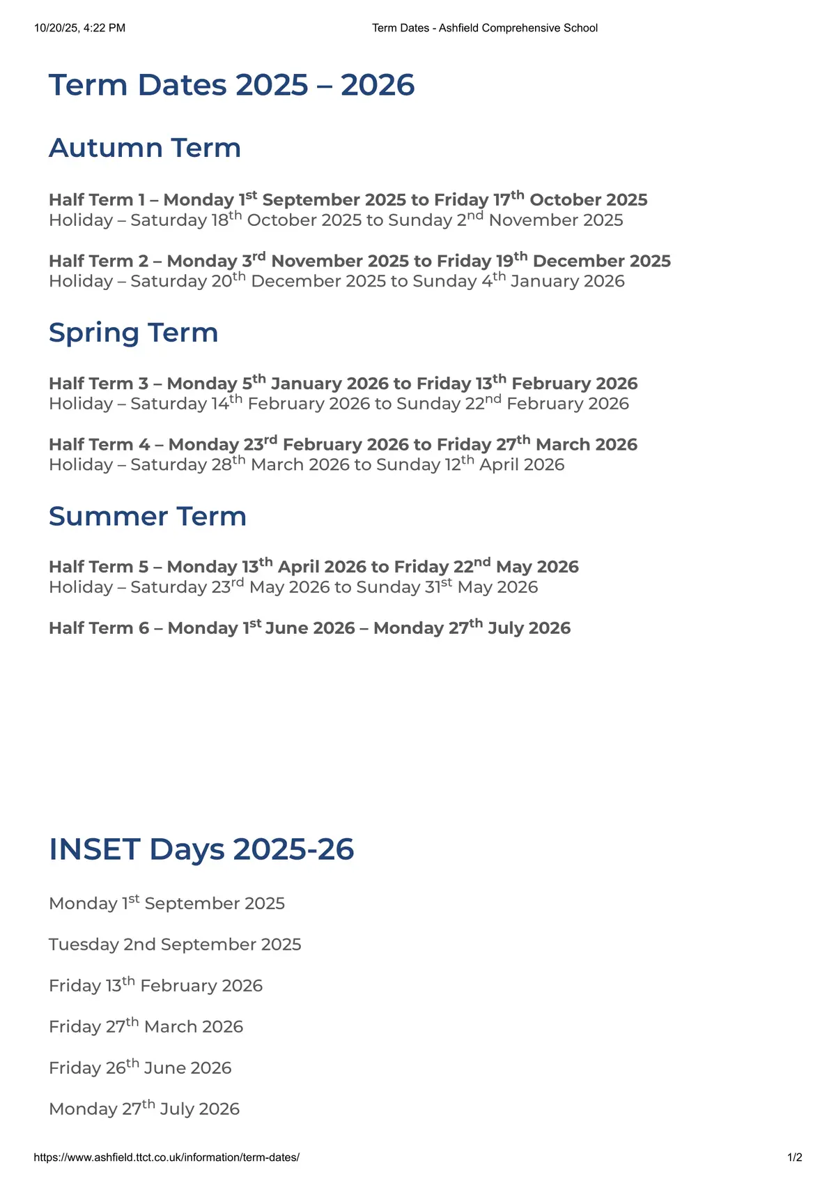 Ashfield Comprehensive School term dates