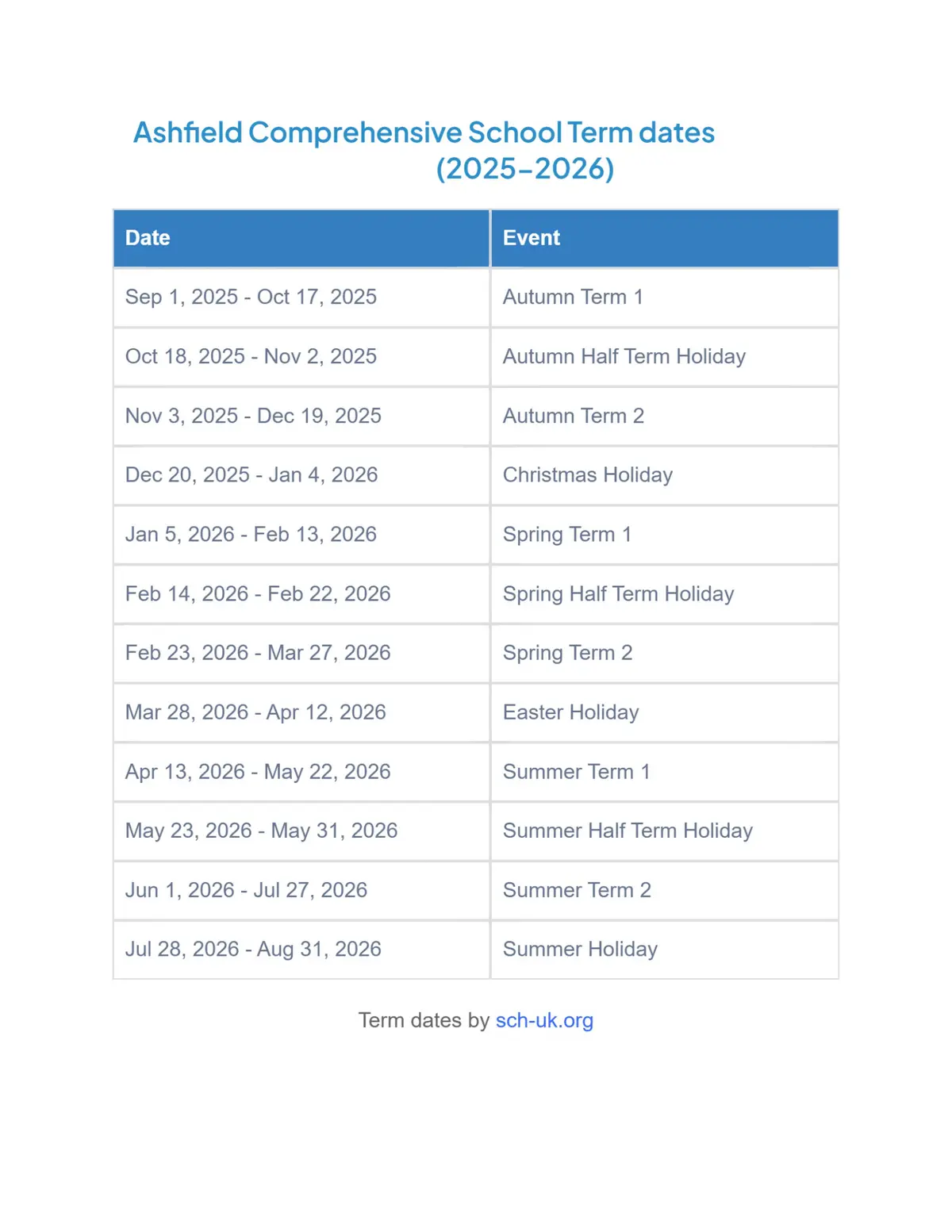 Ashfield Comprehensive School term dates