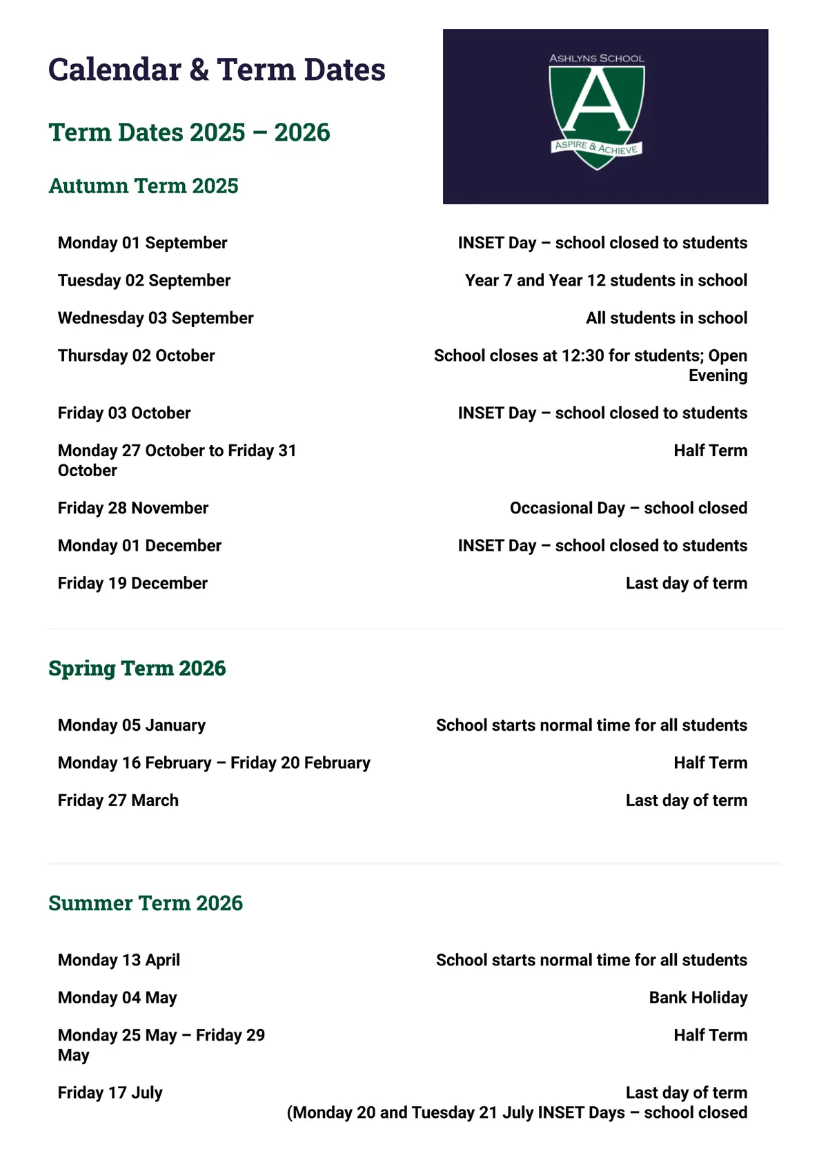 Ashlyns School term dates