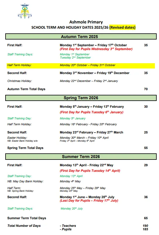 Ashmole Primary School term dates