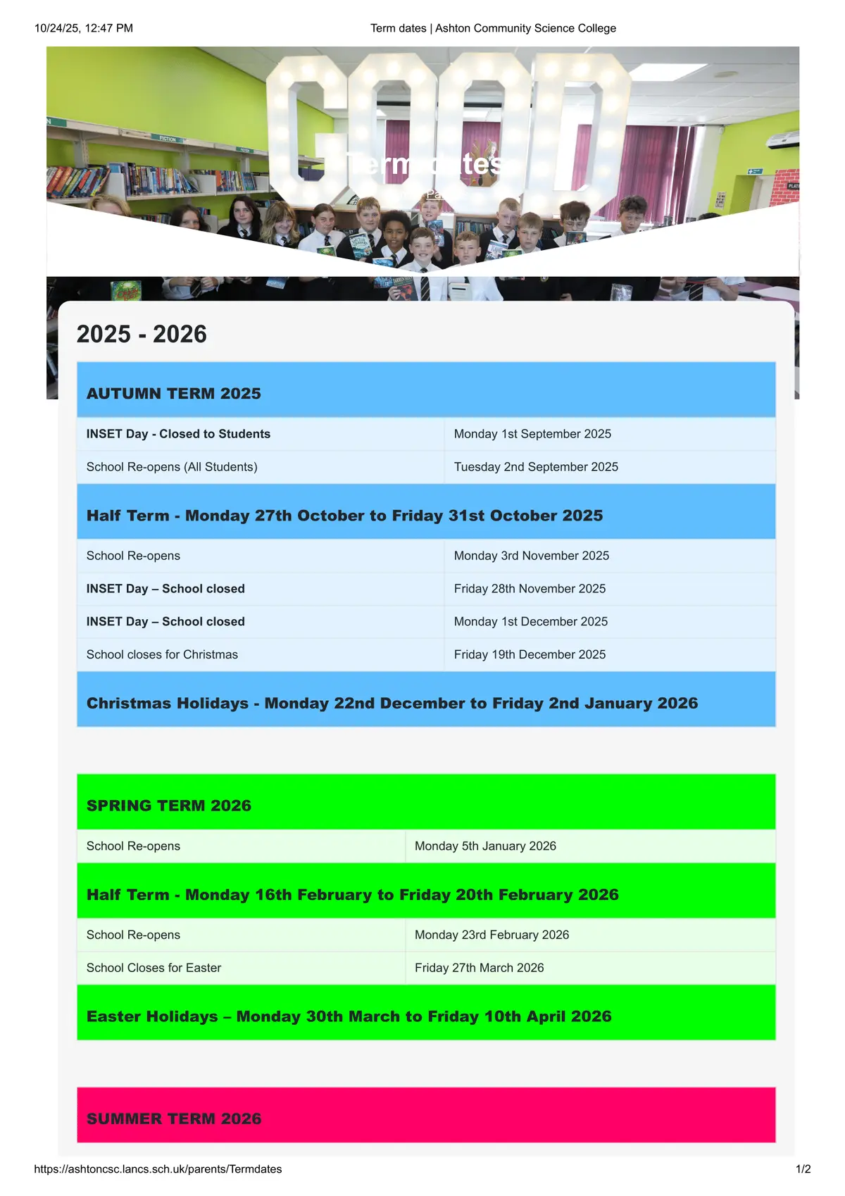 Ashton Community Science College term dates