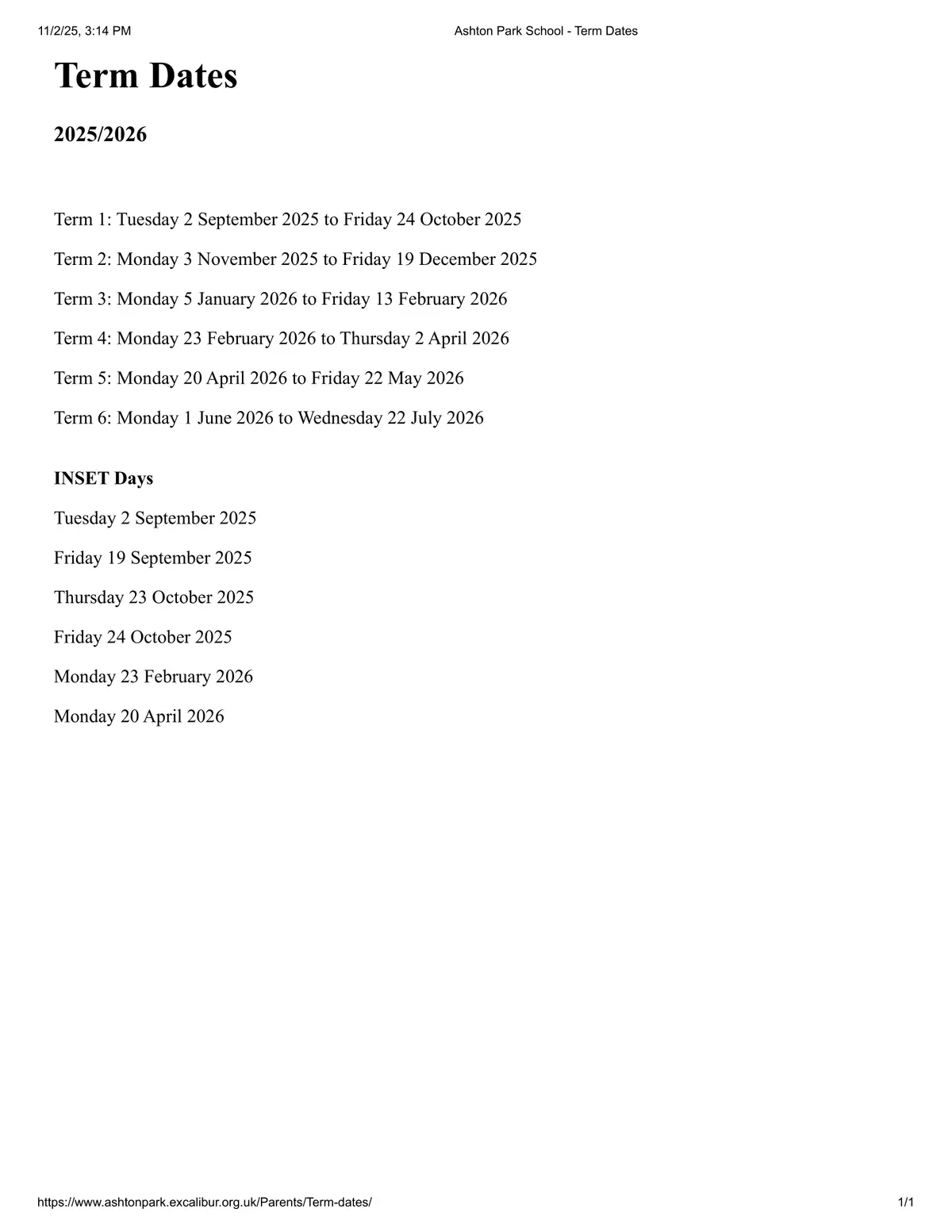 Ashton Park School term dates