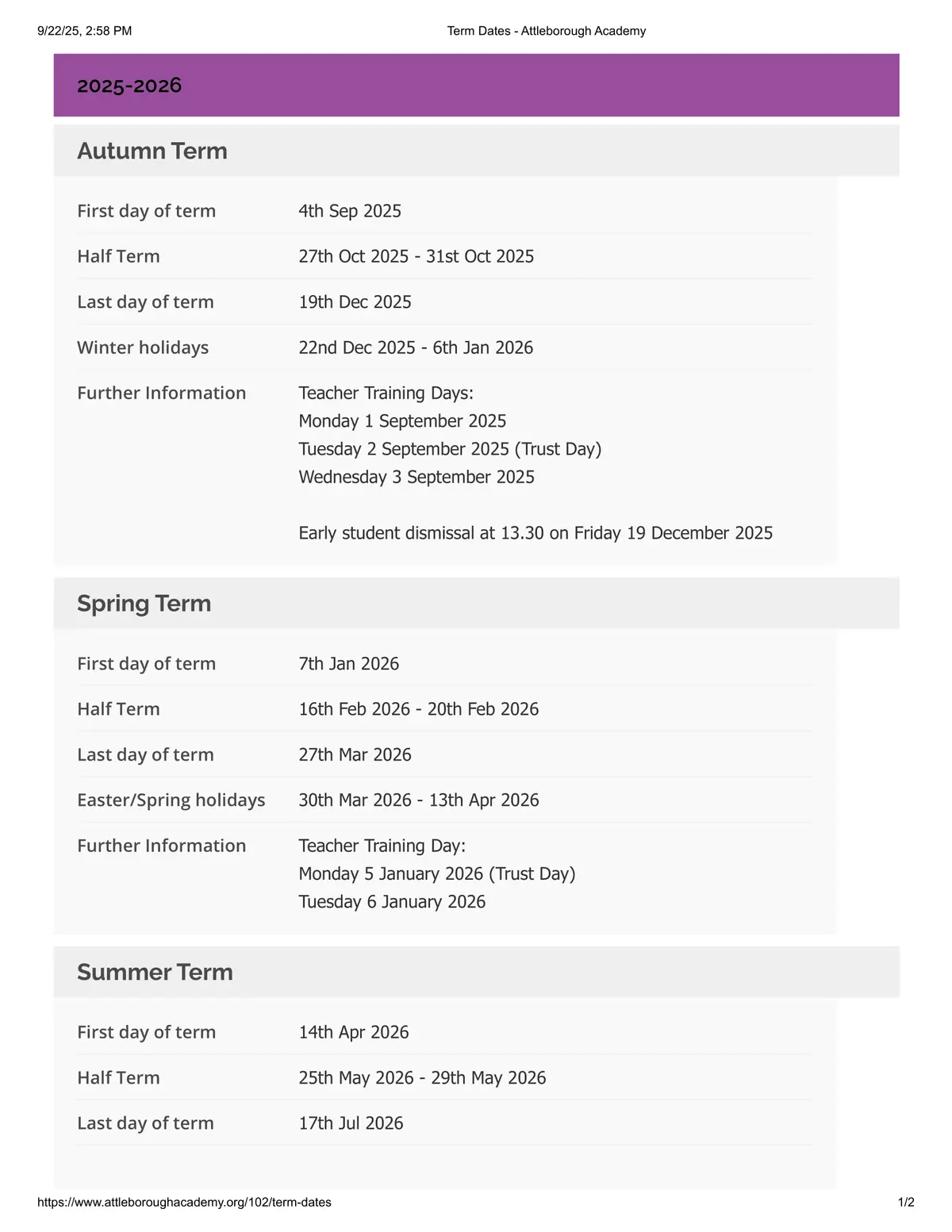 Attleborough Academy term dates