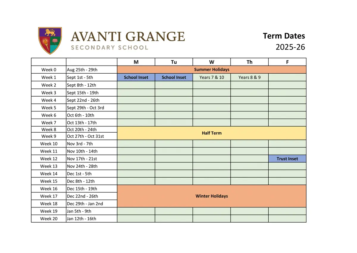 Avanti Grange Secondary School term dates