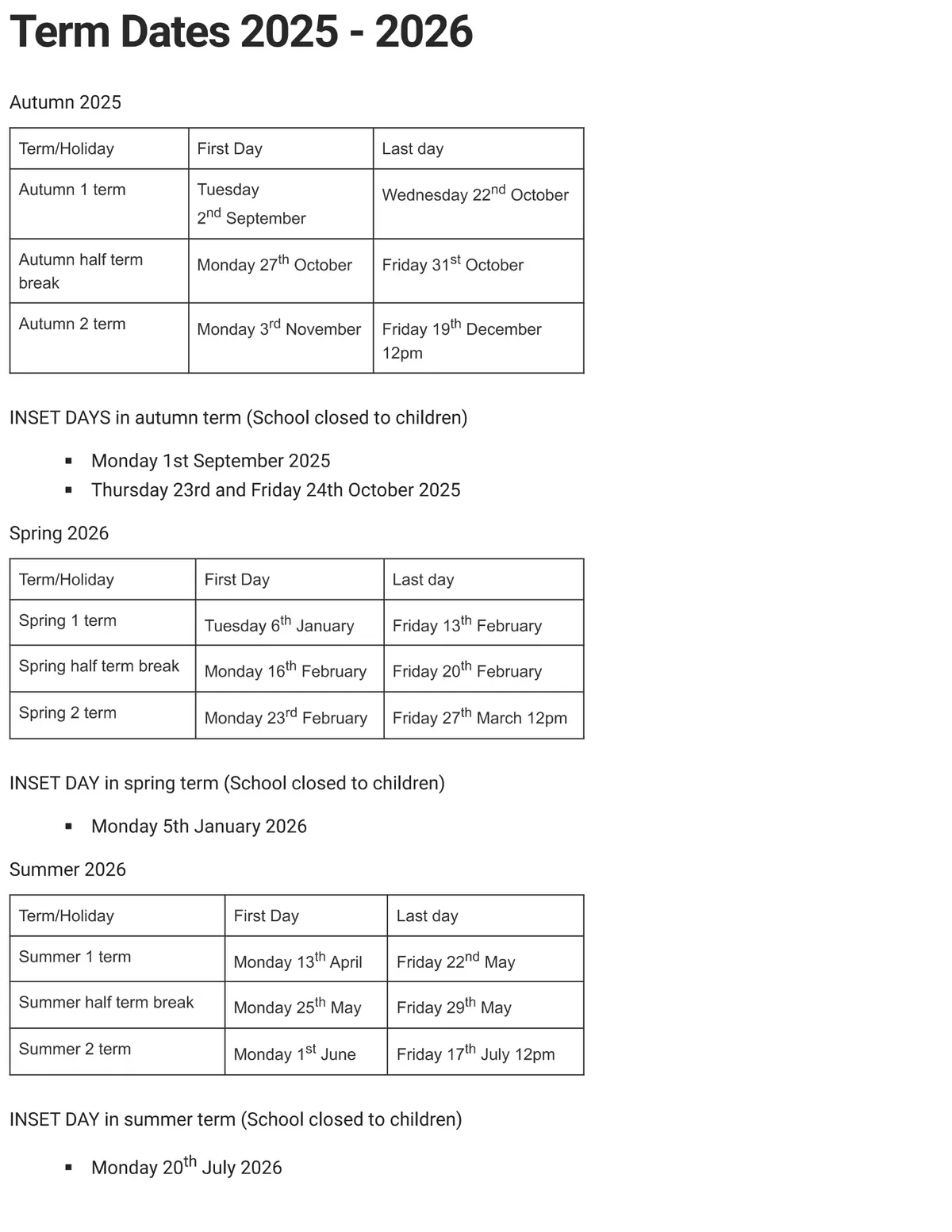 Avondale Park Primary School term dates