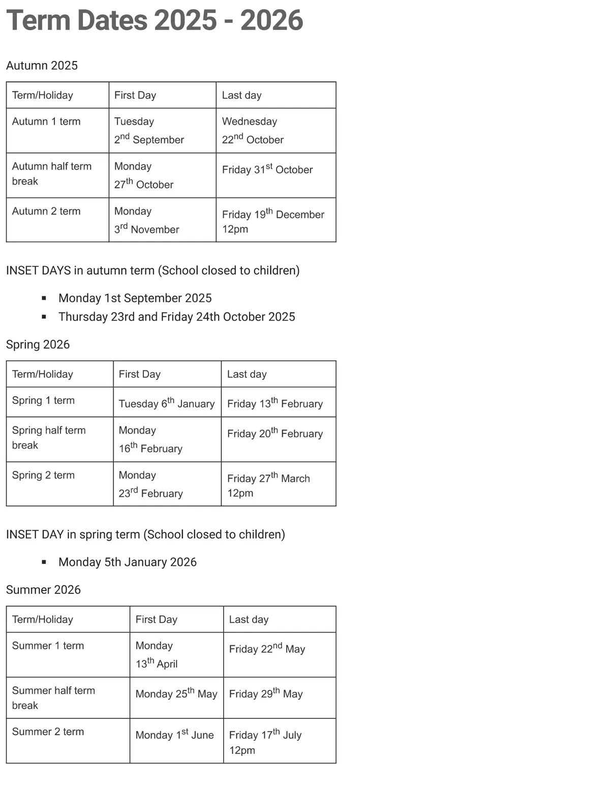 Avonmore Primary School term dates