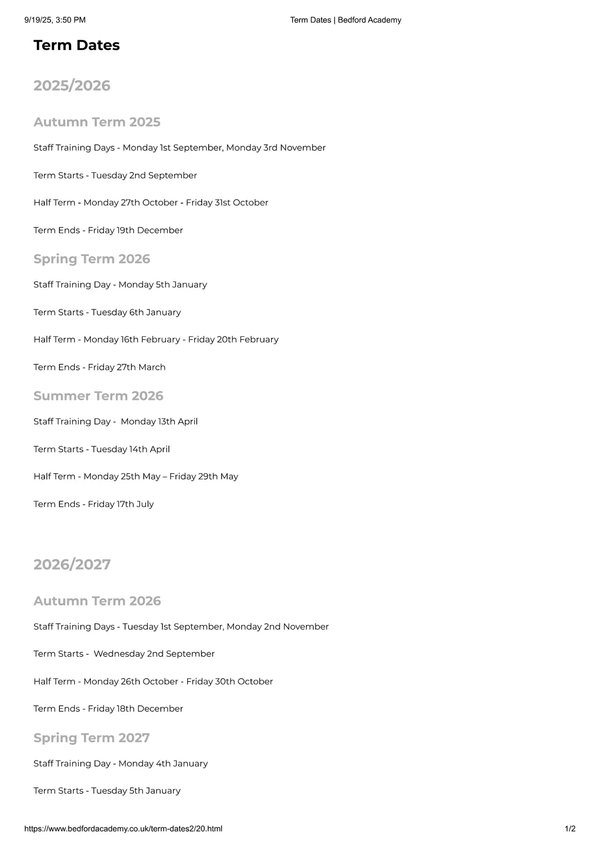 Bedford Academy term dates