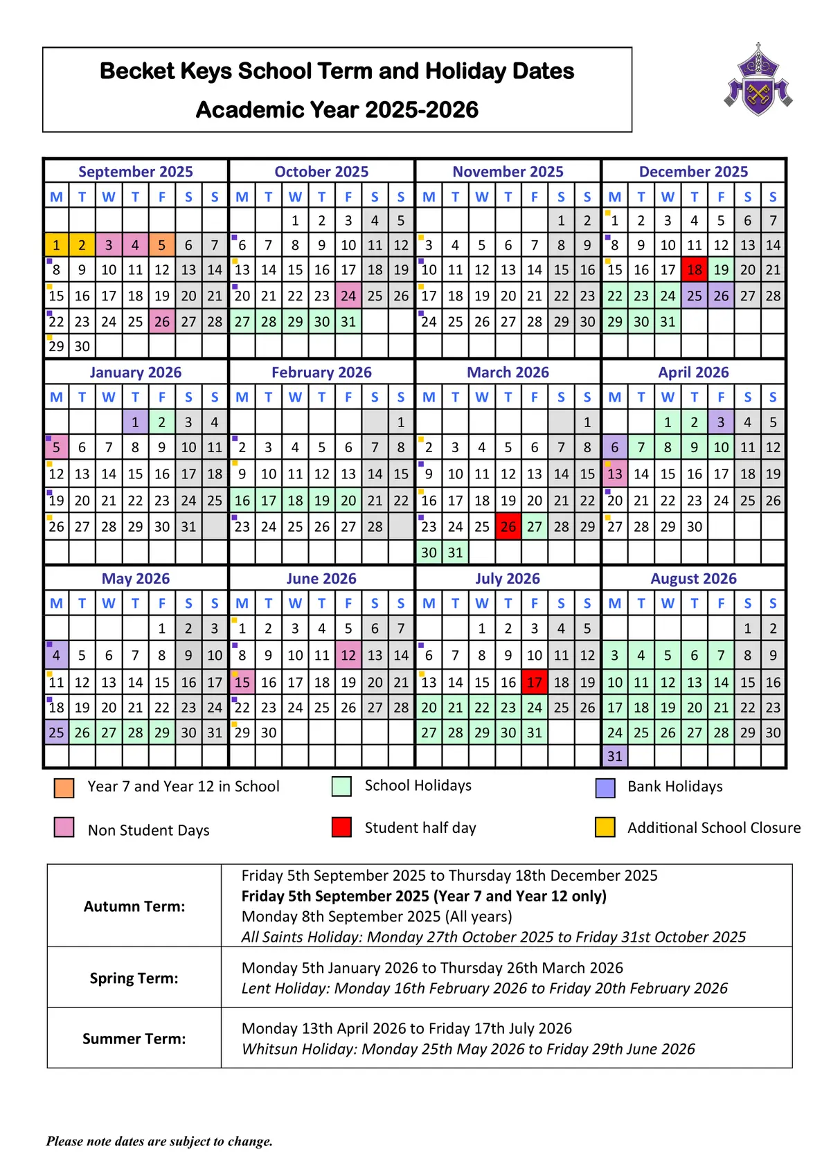 Becket Keys Church of England Free School term dates
