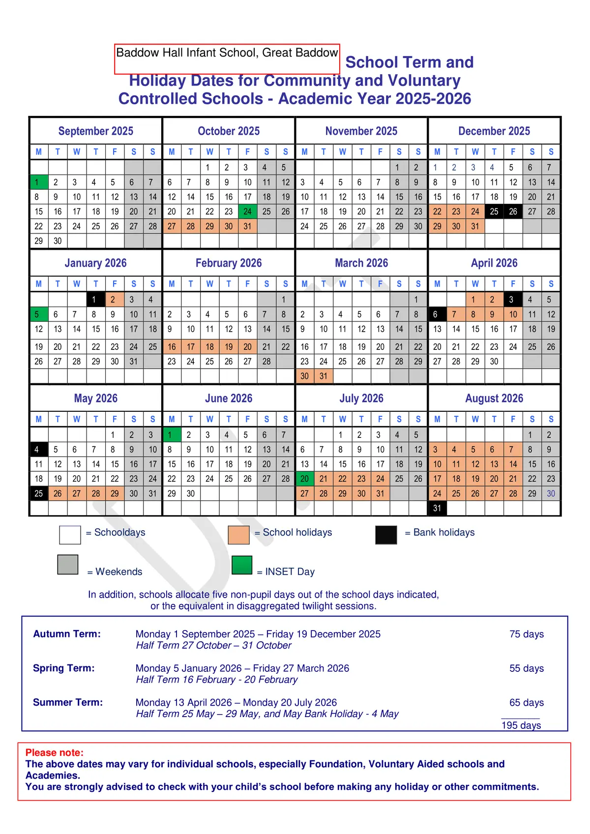Baddow Hall Infant School term dates