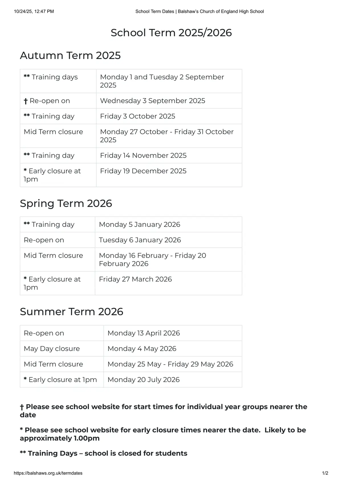 Balshaw's Church of England High School term dates