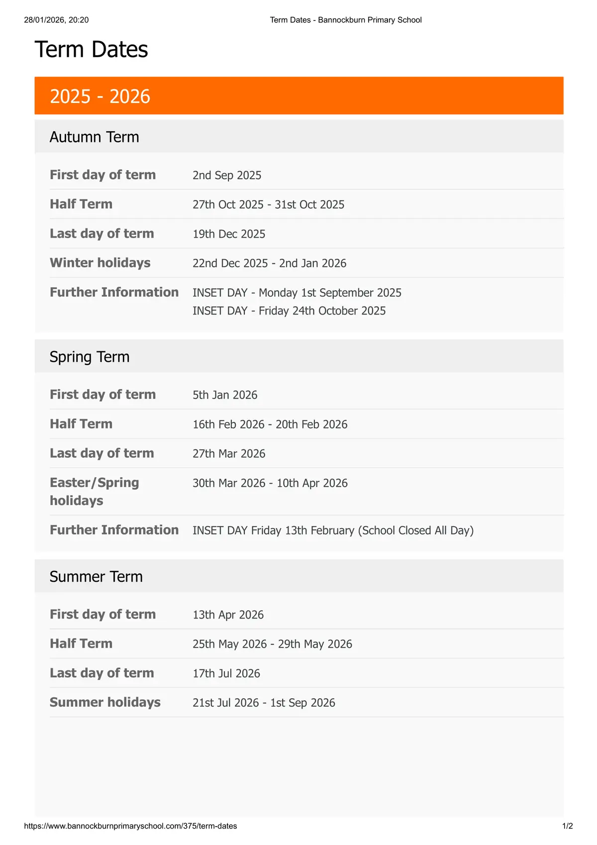 Bannockburn Primary School term dates