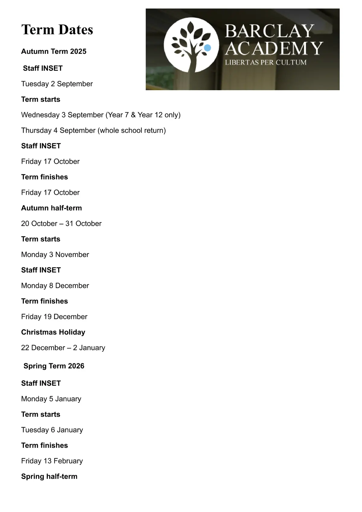 Barclay Academy term dates