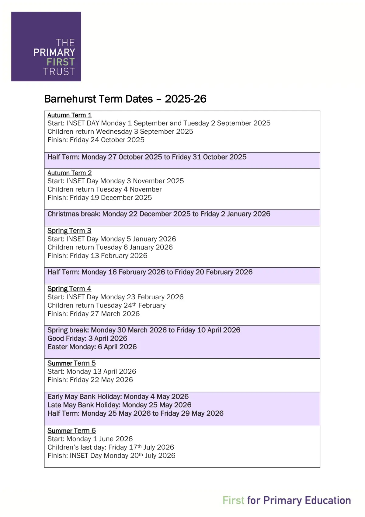 Barnehurst Infant School term dates