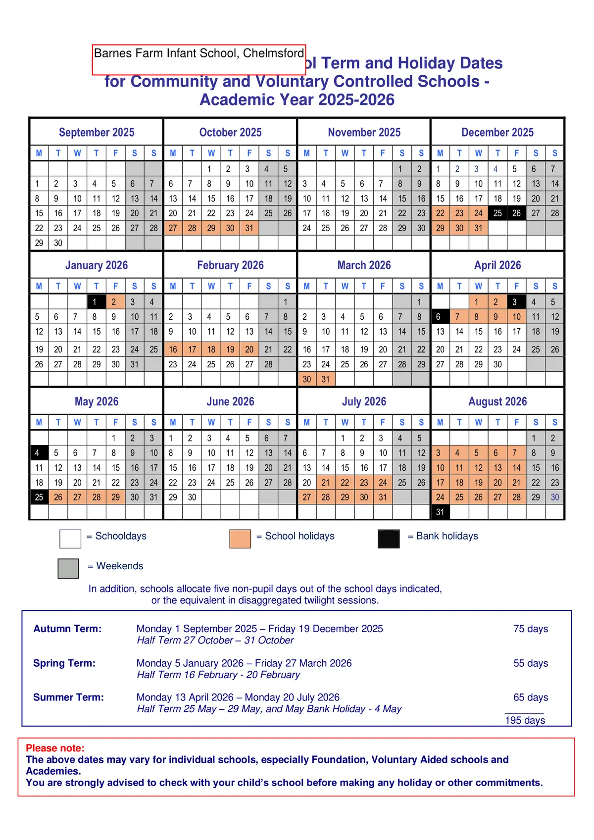 Barnes Farm Primary School term dates