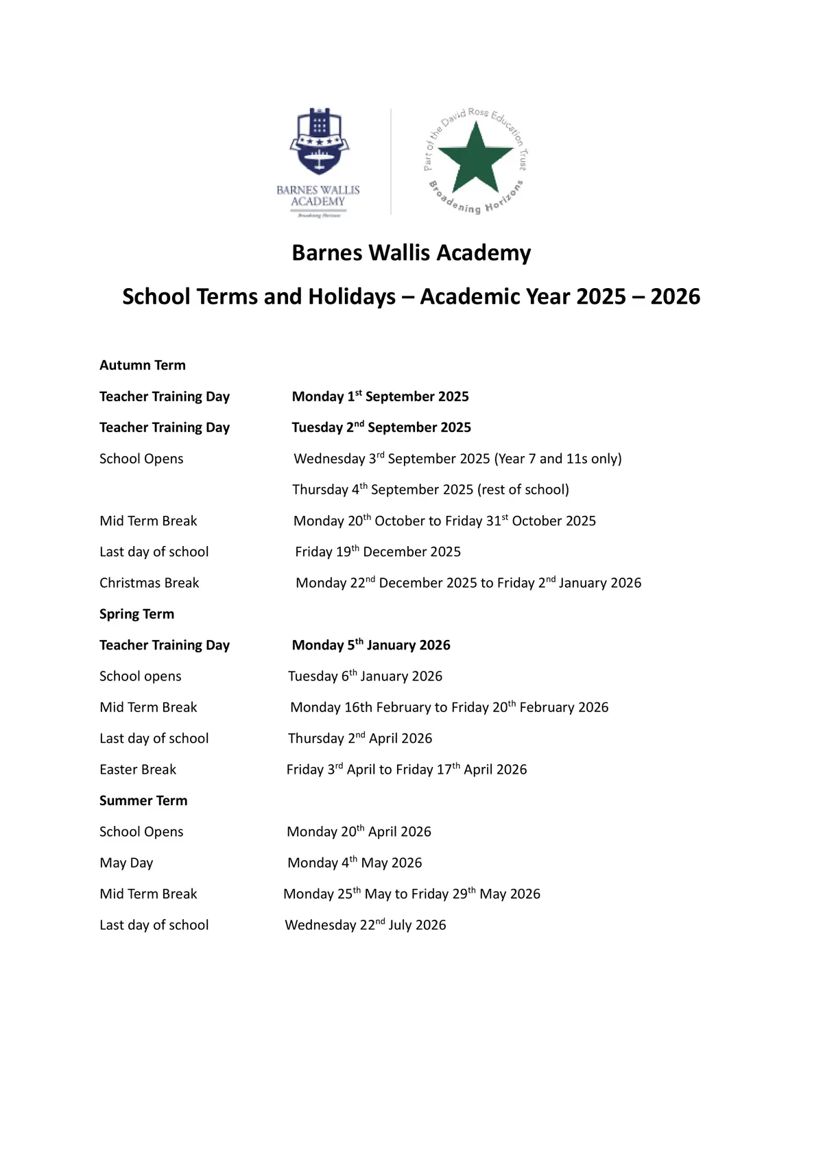 The Barnes Wallis Academy term dates