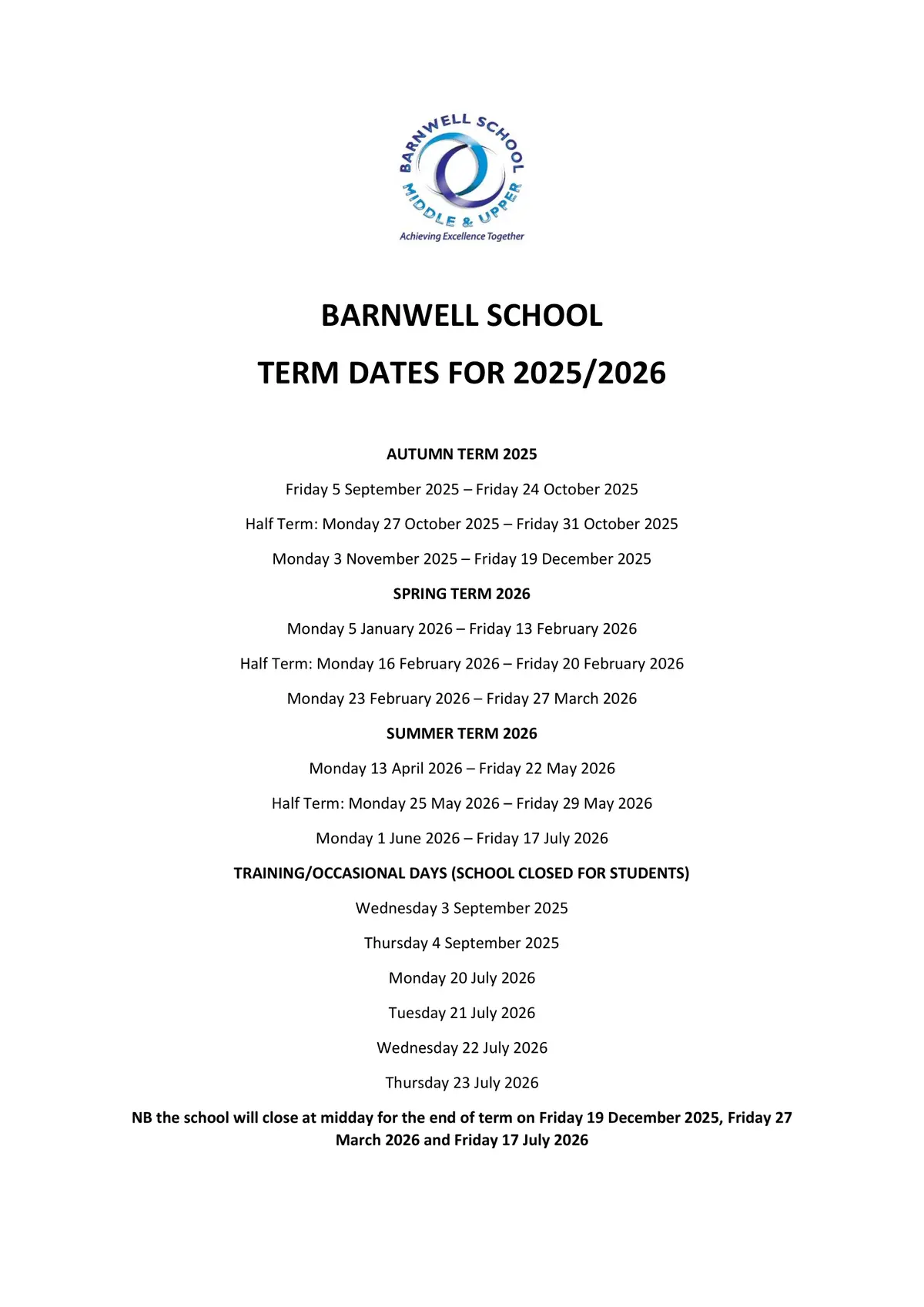 Barnwell School term dates