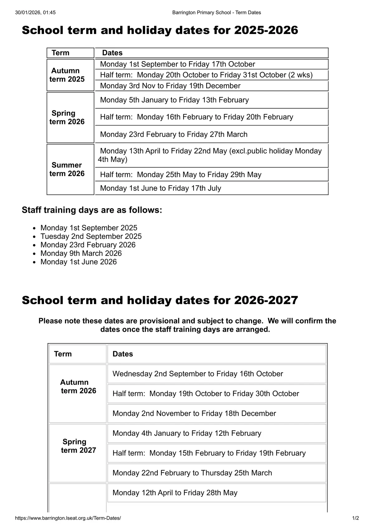 Barrington Primary School term dates