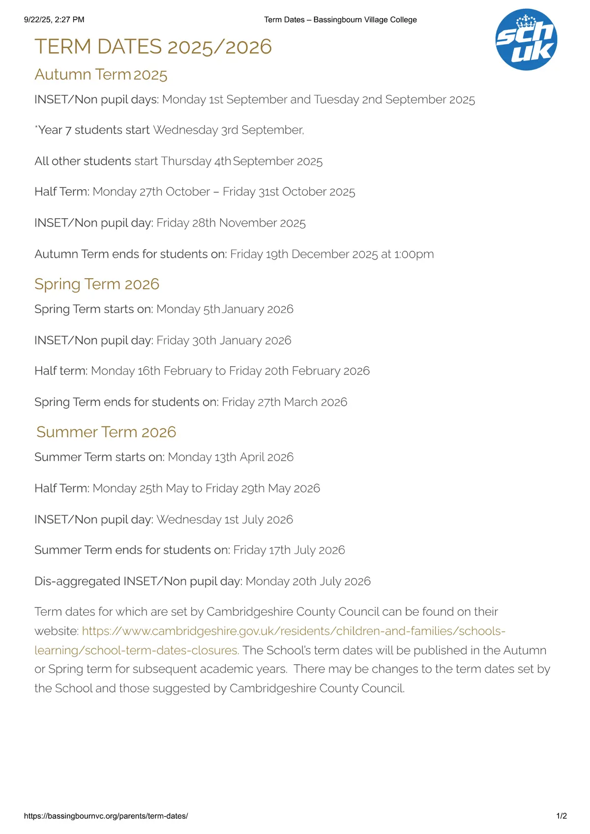 Bassingbourn Village College term dates