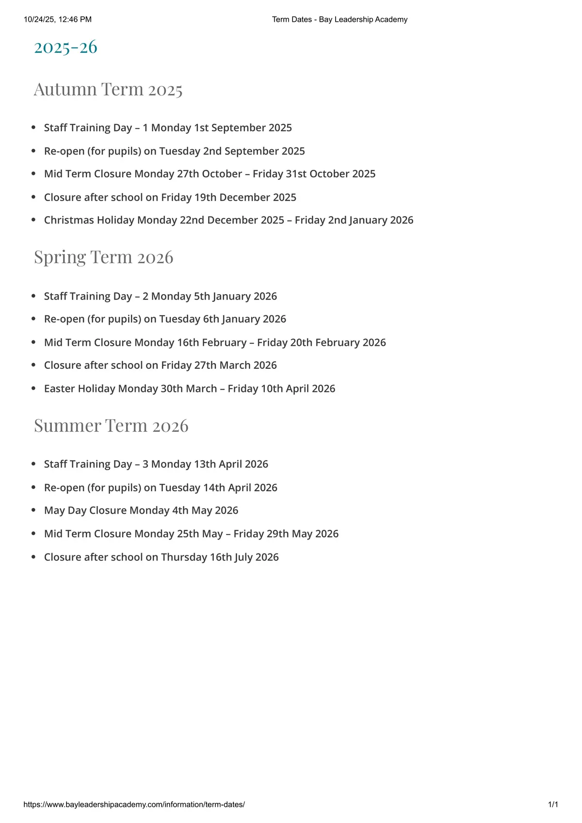 Bay Leadership Academy term dates