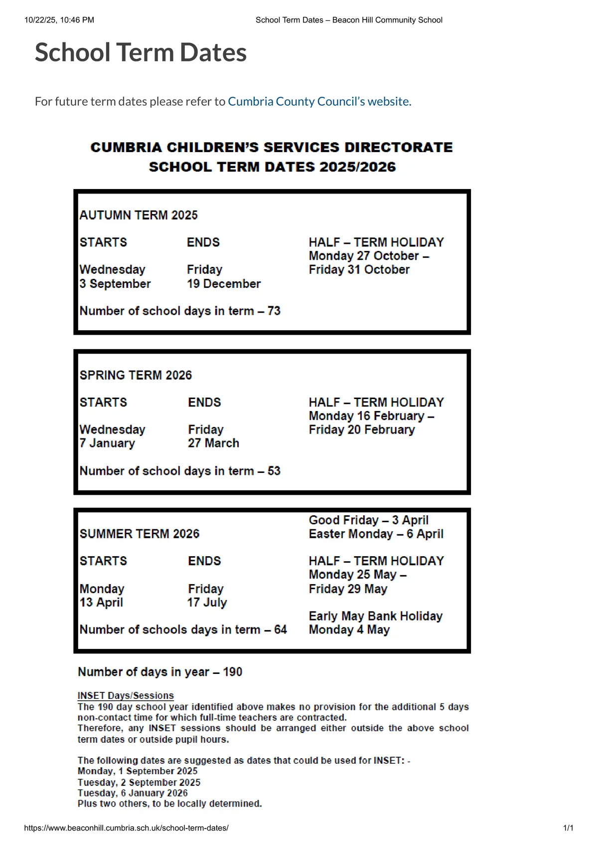 Beacon Hill Community School term dates